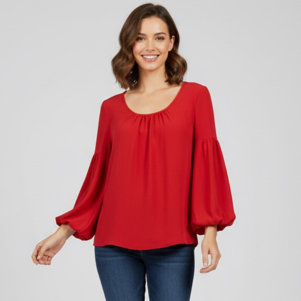 Trina Turk S Red Ballon Sleeve Peasant Boho Chic Feminine Romantic Top NWT $198
